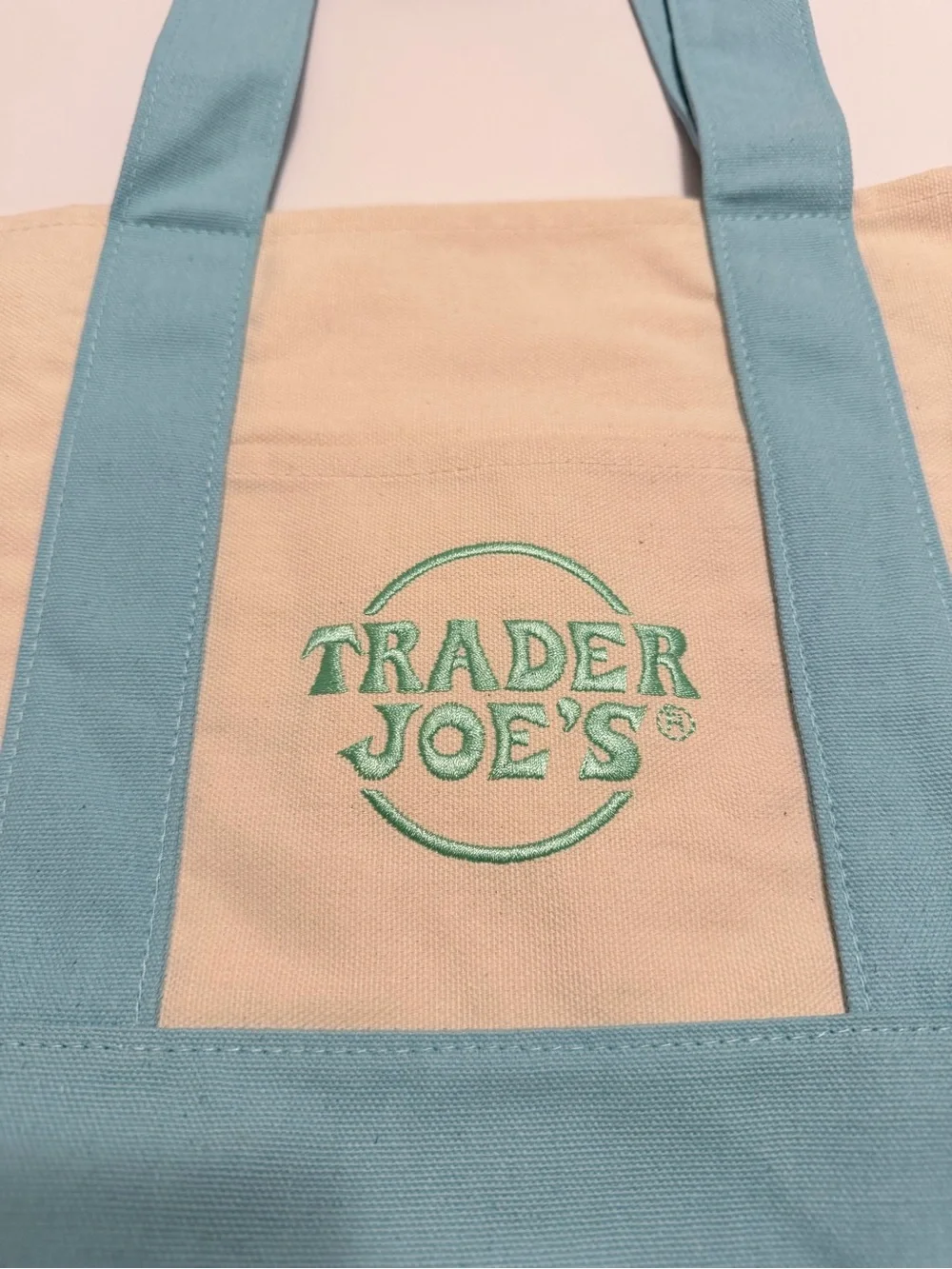 Trader Joe's Mini Pastel Canvas Tote Bag Light Blue Cream‎ Embroidered Logo NWT